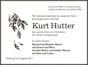 Todesanzeige von Kurt Hutter von Offenbach
