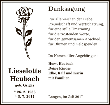 Todesanzeige von Lieselotte Heubach von Offenbach