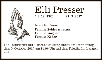 Todesanzeige von Elli Presser von Offenbach