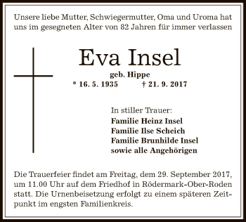 Todesanzeige von Eva Insel von Offenbach