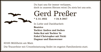Todesanzeige von Gerd Preßer von Offenbach