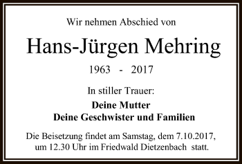 Todesanzeige von Hans-Jürgen Mehring von Offenbach
