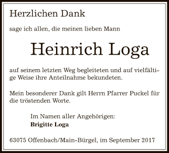 Todesanzeige von Heinrich Loga von Offenbach