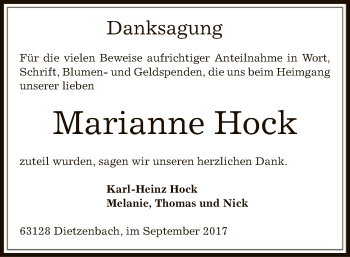 Todesanzeige von Marianne Hock von Offenbach