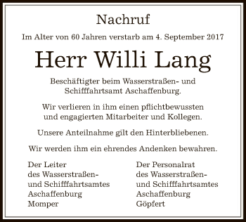 Todesanzeige von Willi Lang von Offenbach