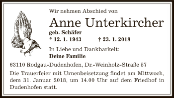 Todesanzeige von Anne Unterkircher von Offenbach