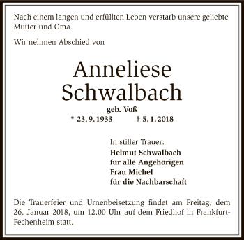 Todesanzeige von Anneliese Schwalbach von Offenbach