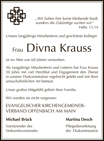 Todesanzeige von Divna Krauss von Offenbach
