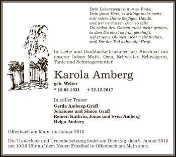 Todesanzeige von Karola Amberg von Offenbach
