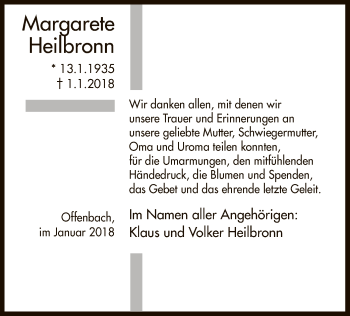 Todesanzeige von Margarete Heilbronn von Offenbach