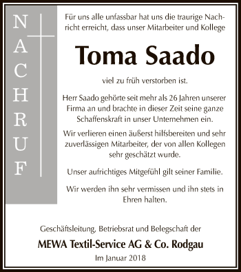 Todesanzeige von Toma Saado von Offenbach