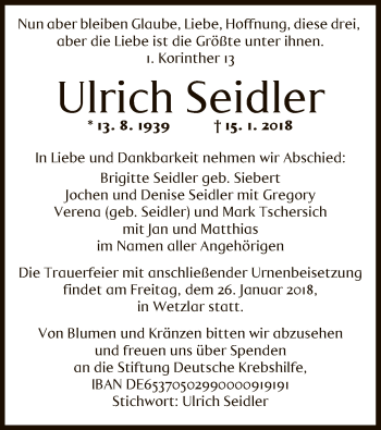 Todesanzeige von Ulrich Seidler von Offenbach
