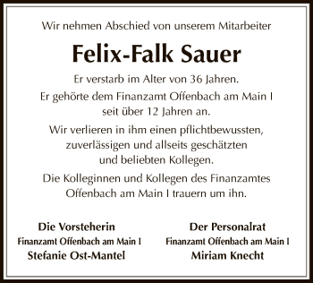 Todesanzeige von Felix-Falk Sauer von Offenbach