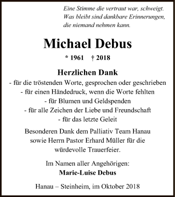 Todesanzeige von Michael Debus von Offenbach