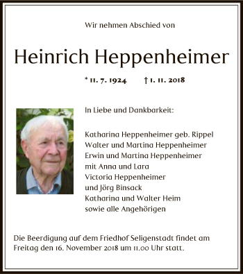 Todesanzeige von Heinrich Heppenheimer von Offenbach
