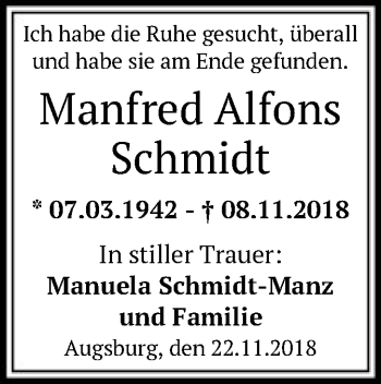 Todesanzeige von Manfred Alfons Schmidt von Offenbach