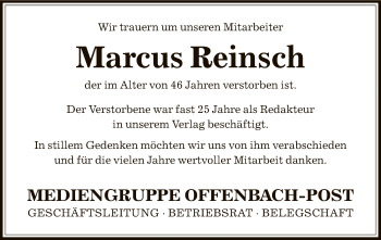 Todesanzeige von Marcus Reinsch von Offenbach