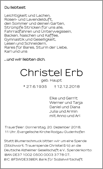 Todesanzeige von Christel Erb von Offenbach