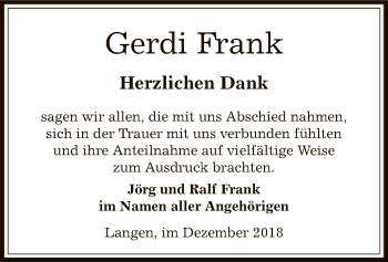 Todesanzeige von Gerdi Frank von Offenbach