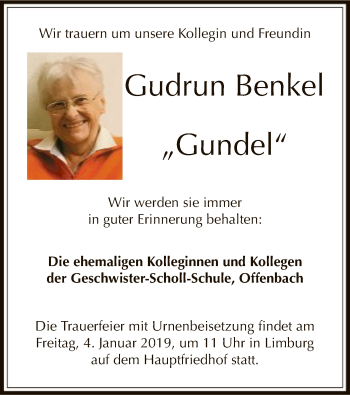 Todesanzeige von Gudrun Benkel von Offenbach