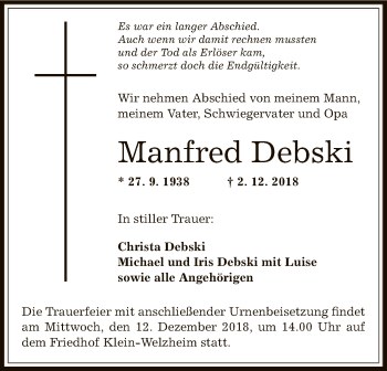 Todesanzeige von Manfred Debski von Offenbach