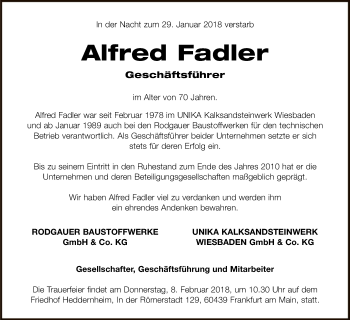 Todesanzeige von Alfred Fadler von Offenbach