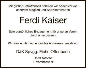 Todesanzeige von Ferdi Kaiser von Offenbach
