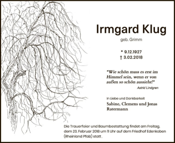 Todesanzeige von Irmgard Klug von Offenbach