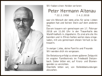 Todesanzeige von Peter Hermann Altenau von Offenbach