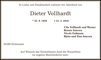 Todesanzeige von Dieter Vollhardt von Offenbach