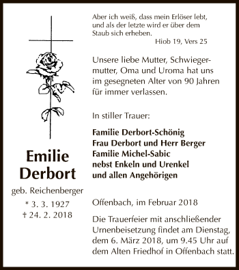 Todesanzeige von Emilie Derbort von Offenbach