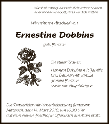 Todesanzeige von Ernestine Dobbins von Offenbach