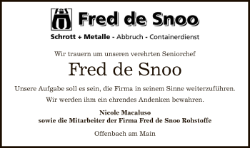 Todesanzeige von Fred de Snoo von Offenbach