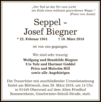 Todesanzeige von Josef Biegner von Offenbach