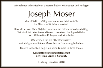 Todesanzeige von Joseph Moser von Offenbach