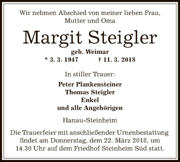 Todesanzeige von Margit Steigler von Offenbach