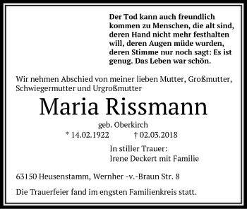 Todesanzeige von Maria Rissmann von Offenbach