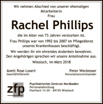 Todesanzeige von Rachel Phillips von Offenbach