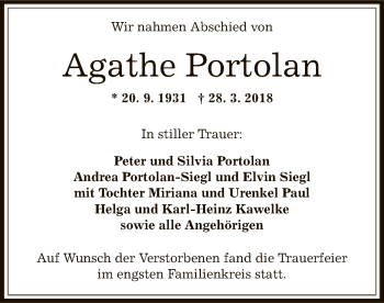 Todesanzeige von Agathe Portolan von Offenbach