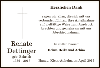 Todesanzeige von Dettinger Renate von Offenbach