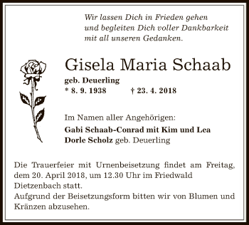 Todesanzeige von Gisela Maria Schaab von Offenbach