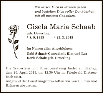 Todesanzeige von Gisela Maria Schaab von Offenbach