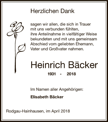 Todesanzeige von Heinrich Bäcker von Offenbach