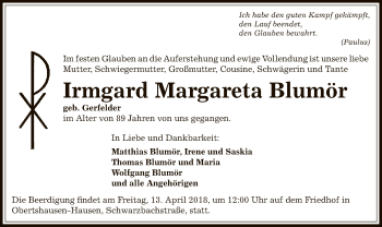 Todesanzeige von Irmgard Margareta Blumör von Offenbach