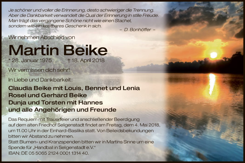  Traueranzeige für Martin Beike vom 28.04.2018 aus Offenbach