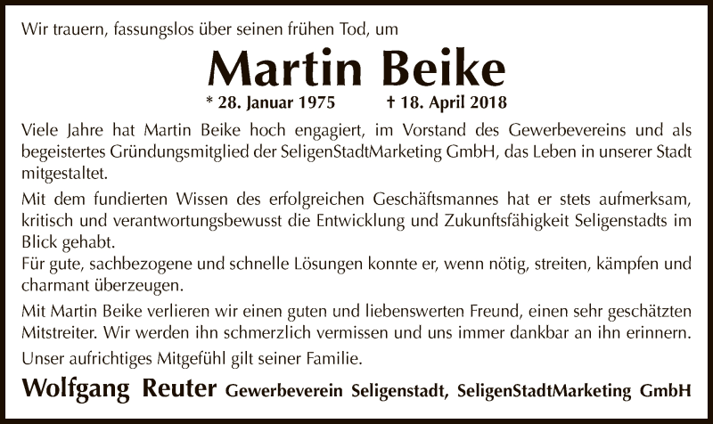  Traueranzeige für Martin Beike vom 25.04.2018 aus Offenbach