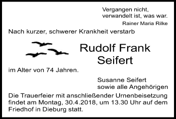 Todesanzeige von Rudolf Frank Seifert von Offenbach
