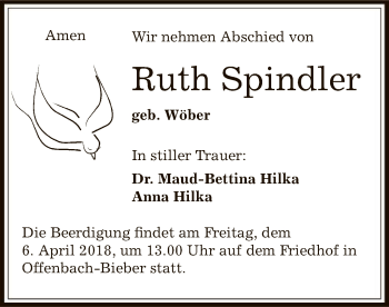 Todesanzeige von Ruth Spindler von Offenbach
