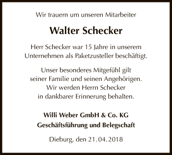 Todesanzeige von Walter Schecker von Offenbach