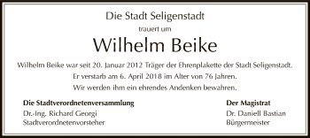 Todesanzeige von Wilhelm Beike von Offenbach